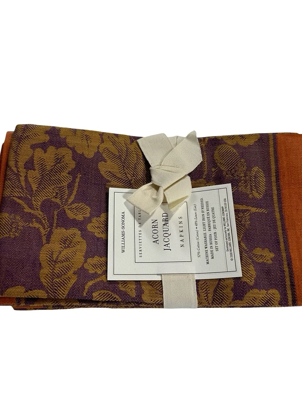 Williams Sonoma Acorn Jacquard Cotton Linen Napkins Set of 4 Purple Gold NOS